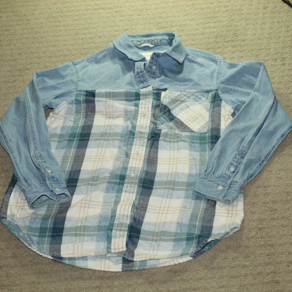 American Eagle Mix Denim Plaid Contrast Button Shirt Blue & Cream Size XS